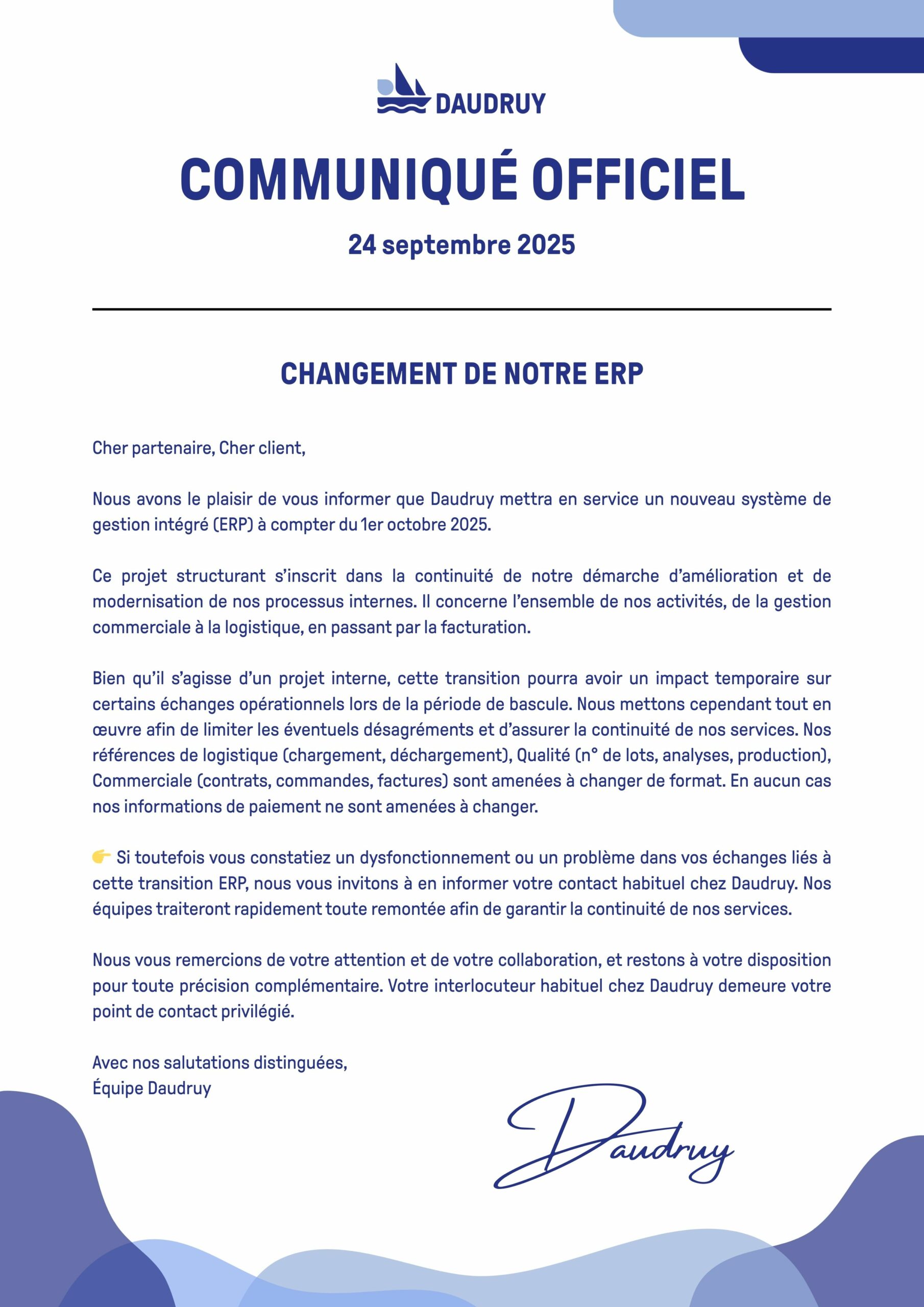 changement ERP communiqué officiel